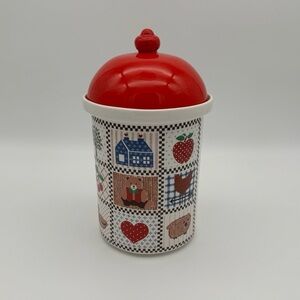 Vintage Decorative Canister w Red Dome Lid with Country Patchwork Themed Motif